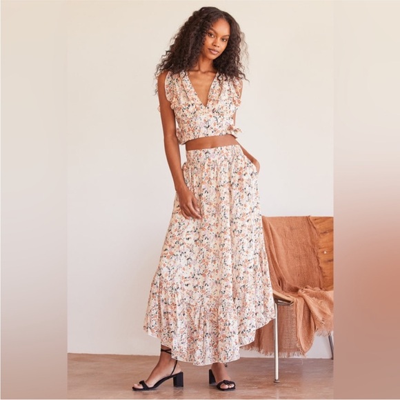 Free People Pretty Daze Ivory Floral Print Two-Piece Dress Crop Top /Skirt Set - Picture 2 of 11